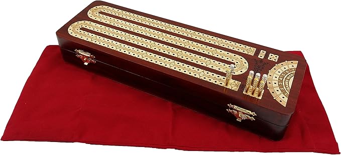 12 1/2 2 Track Continuous Cribbage Board W/Card Storage Maple Tracks on Bloodwood Corner &amp Games Won