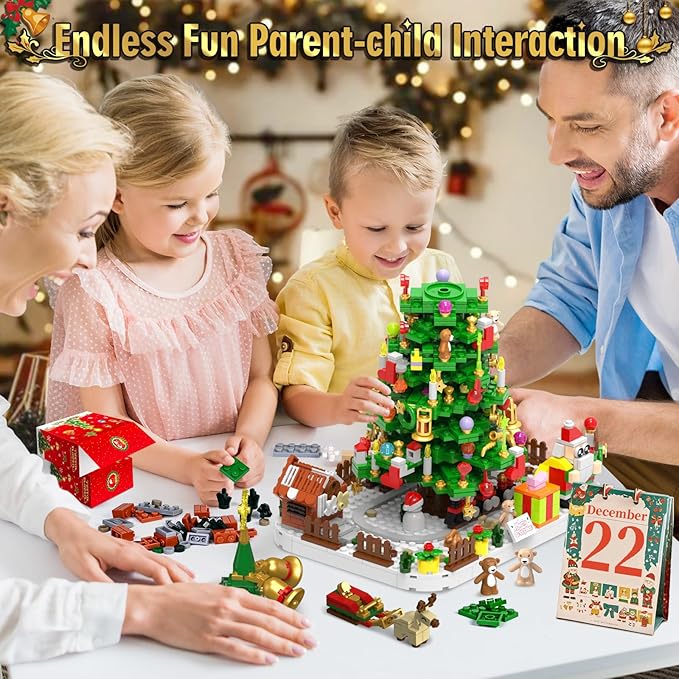 Advent Calendar 2025 Adult 1088 Pieces Christmas Tree Building Kit with Led Light 24 Days Christmas Countdown Christmas Tree Building Toy Set Ideal Xmas Gift Toy for Teen Boy