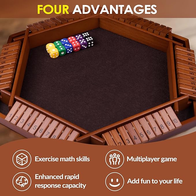 1-6 Players Shut The Box Dice Game 10 Numbers Traditional Wooden Pub Bar Board Gam for Classroom Party or Pub