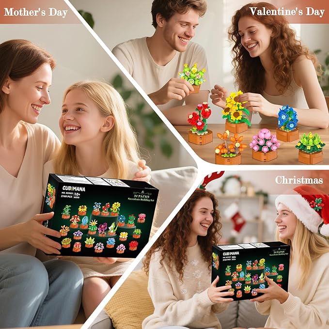 24 Pack Flowers Succulents Building Set - 2160PCS Botanical Collection 3.6MM Mini Flower Kit for Home Office Décor Plant Blocks Toy Easter Party Favors Gifts for Adults Women Kid 10+