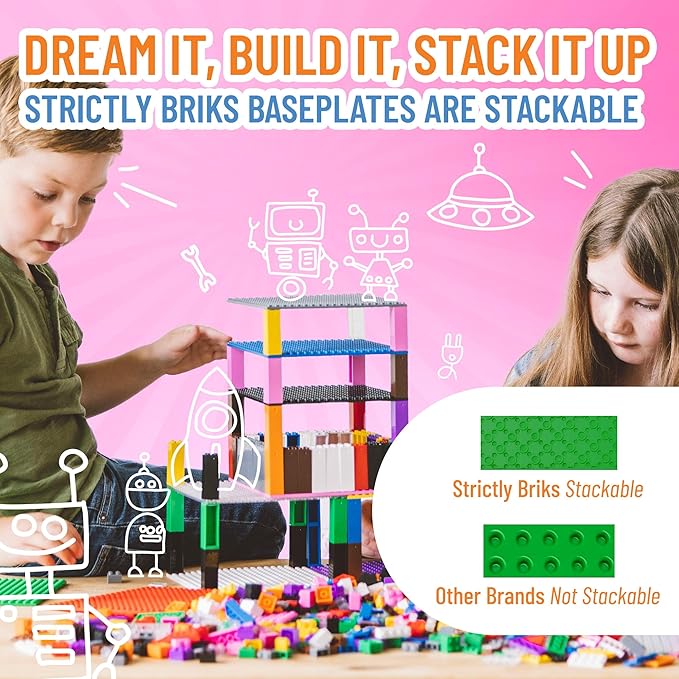 Strictly Briks Stackable Baseplates - Vertical Expansion with Stackable Brick Plates - Multi-Level Base Plate Organizer - Compatible with Lego - Pack of 6 Baseplates &amp 50 Connectors 6x6 in