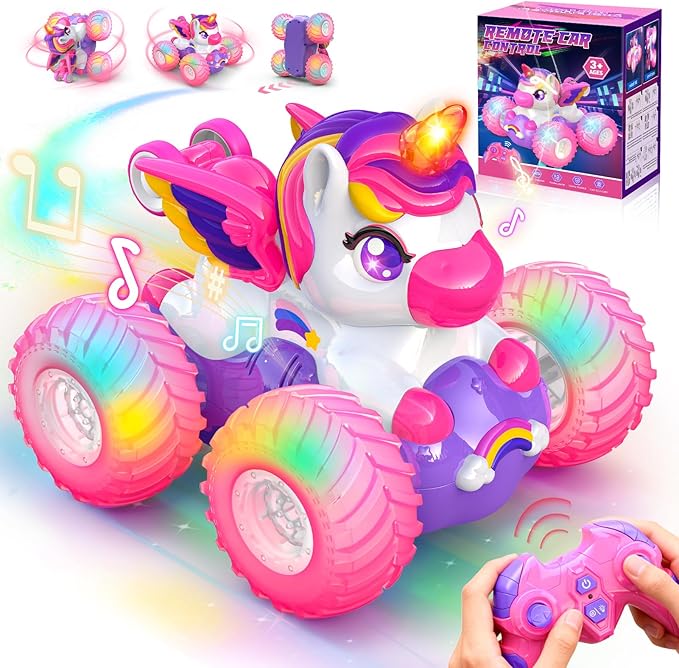 Unicorn Remote Control Car for Girls360° Rotating 4WD Stunt RC Cars with LightsPink Car Toys for KidsFun Indoor/Outdoor Toys Ideal Chritmas Birthday Gift for 3 4 5 6 7 8 Year Old Girl