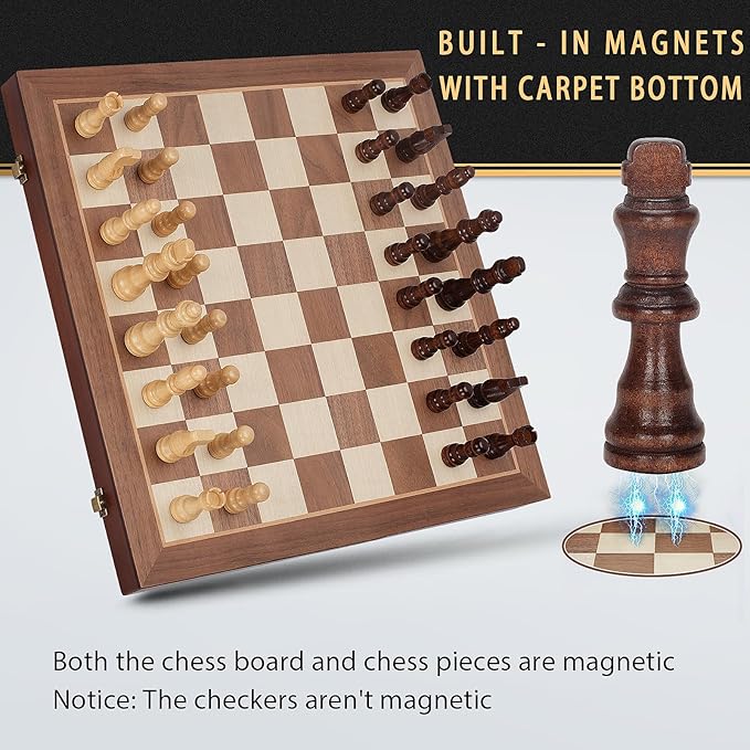 2 in 1 Magnetic Wooden Chess and Checkers Board Game Set 15 Folding Chess Boards with 2 Extra Queens Portable Travel Chess Sets with Pieces Storage Slots Beginner Chess Game Set for Kids Adults
