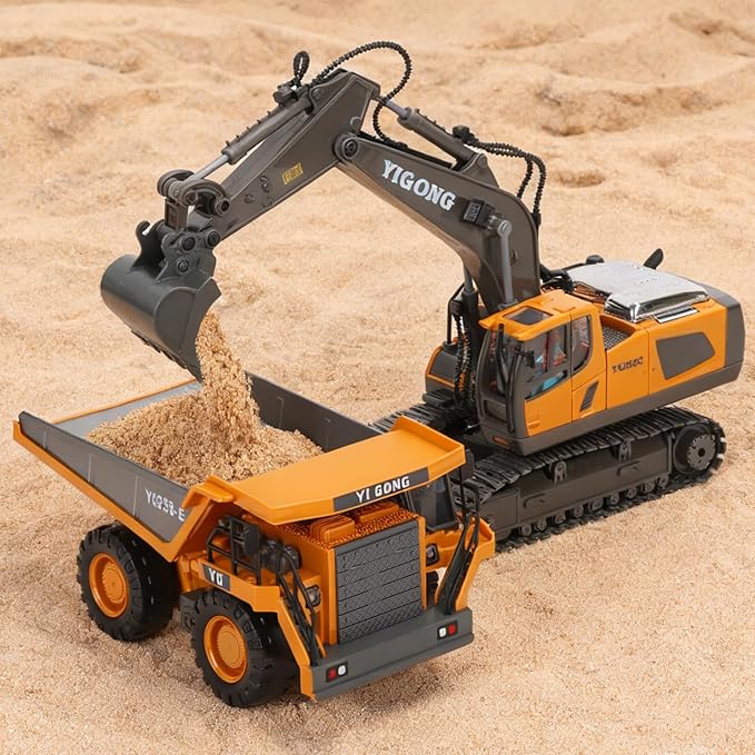 HuiJuKeJi Remote Control Dump Truck - 360° Rotating Metal Bed 9-Channel RC Construction Toy for Indoor Outdoor Play Rechargeable with Lights &amp Sounds for Kids Ages 6+