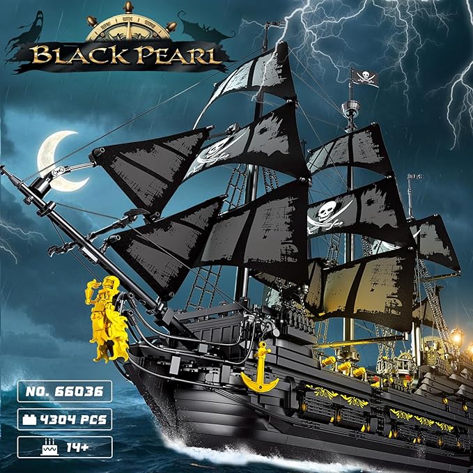 Reobrix Pirate Ship Building Set with LED LightsLarge Black Pearl Ship Model 66036Pirate Ship Sailboat ToyHalloween Home Decor Birthday GiftsModel Kits for Adult Boys Girls 14+（4304 PCS）