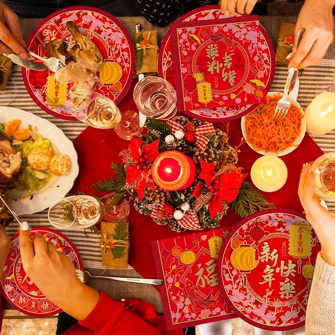 Chinese New Year Party Supplies Kit : Happy New Year Design Decorations Set with Disposable Plates Napkins Cups Tablecloth and Festive Banner - for Lunar New Year Celebrations Serves 25.