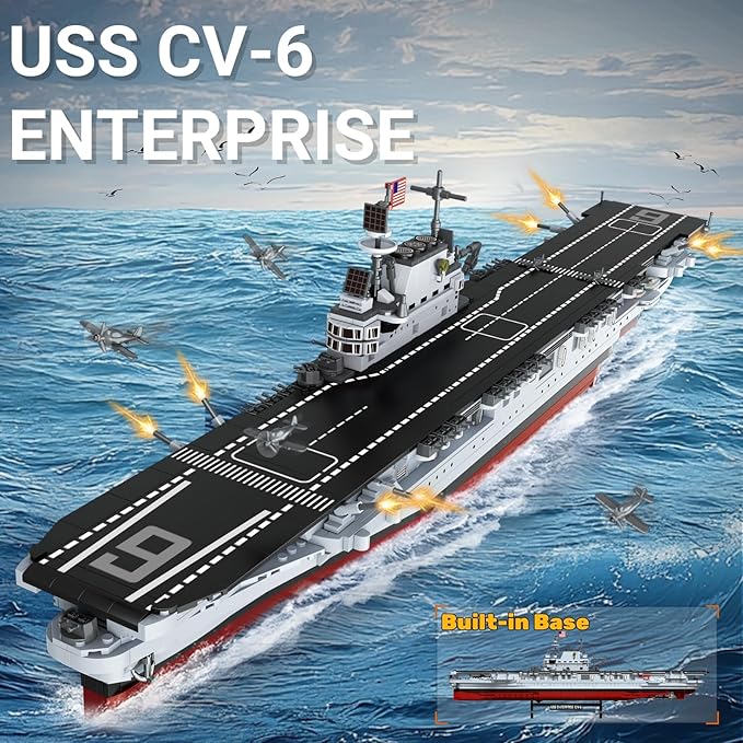 MEOA USS Enterprise Aircraft Battleship Building Toys 1883PCS WW2 Army CV-6 Carrier Building Blocks with Molded Airplane &amp Display Stand Military Navy Ship Model for Adults