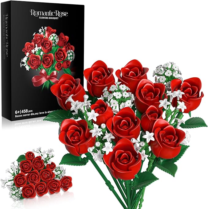 Red Rose Flowers Bouquet Building Set - Valentine's Day Gift Compatible with Lego Flowers for Adults Women Collection Christmas Mother's Day Valentine's Gifts Home Decor