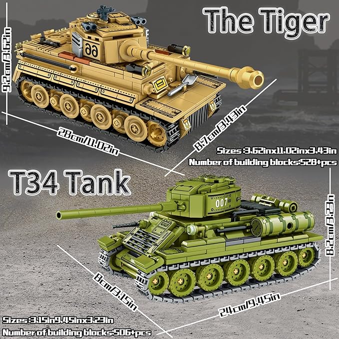 WW2 Tank Building Blocks Set – German Tiger and Soviet T-34 Army Tank Military Model Kits Toy Gifts for Boys and Men Collectors