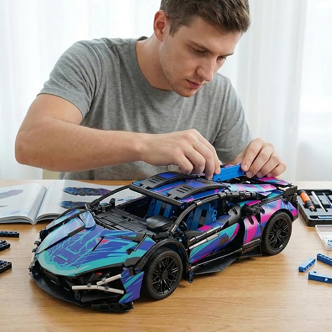 DIY RC Kit - 1280PCS Building Blocks for Adults &amp Kids 1:14 Scale Remote Control Sports Car with LED Lights STEM Building Blocks for Creative Play