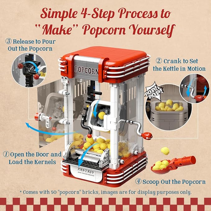 PANTASY Popcorn Machine Building Set Vintage Popcorn Maker Model with Interactive Crank Realistic Popcorn Pieces Character Figure and Collectible Display Design for Adults and Retro Lovers