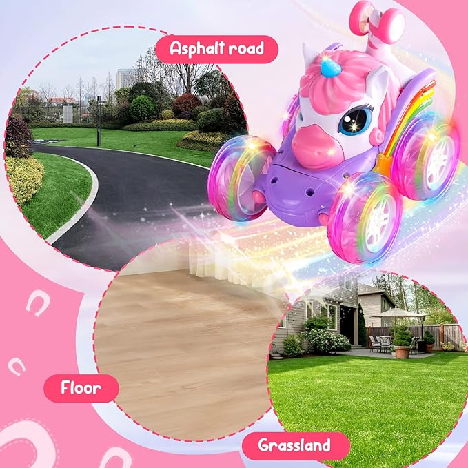 Remote Control Car Unicorn for Girls 360° Rotating 4WD Stunt RC Cars with Cute Cool LED Lights 2.4GHz Toy Car USB Direct Charging RC Cars Birthday Gifts for Kids Girl Age 3-6 7-9 (LY-018)