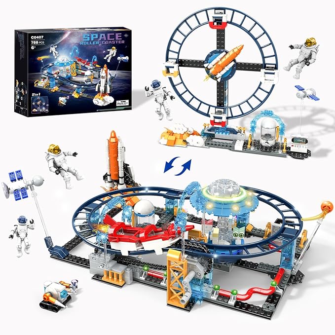 2 in 1 Space Coaster Set - UFO Satellites Space Capsules Buildable Roller Coaster Gift for Boys Girls Kids Ages 6+