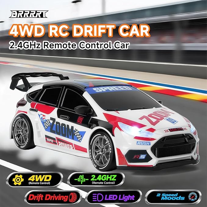 BRRRRT 1:24 Remote Control Rally CarDrift Car with LED Lights4WD High Speed Remote Control Cars for Boys and Girls Age 6+