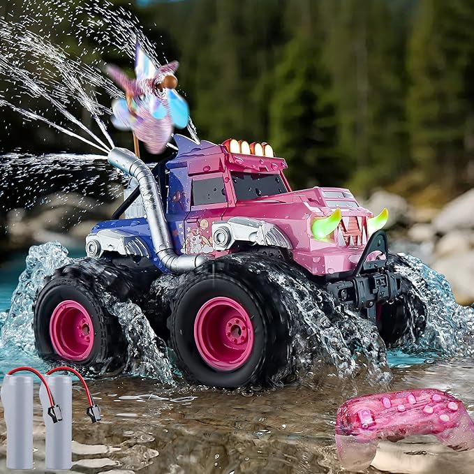 Remote Control Car for Girls Waterproof Pink Monster Truck Toys W/Blocks &amp 360°Spin 1:18 Amphibious RC Cars 4WD All-Terrain Off-Road RC Trucks Birthday Gifts Pool Toys for Kids Age 3-12