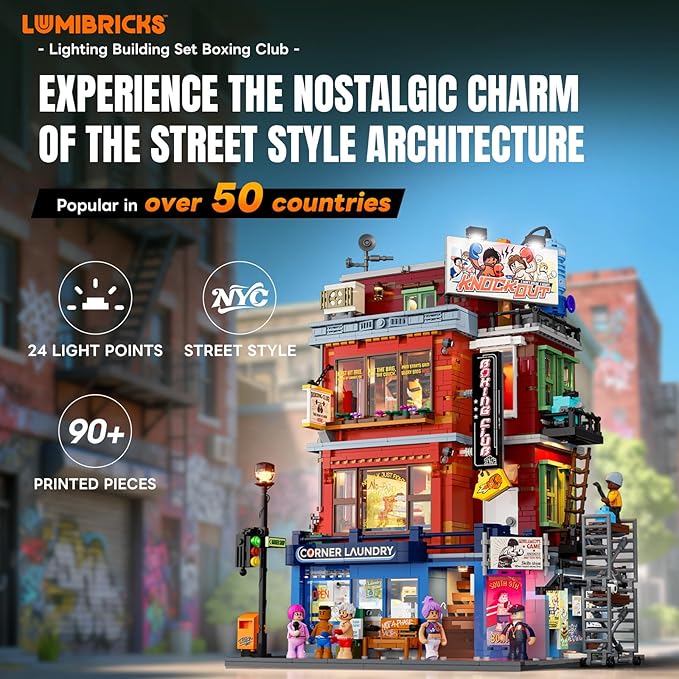 Street Fusion Boxing Club Lighting Building Bricks Set - City Town Modular Playset Collection Display kit with Minifigures 3036 Pcs for Adults &amp Teens &amp Life Enthusiasts