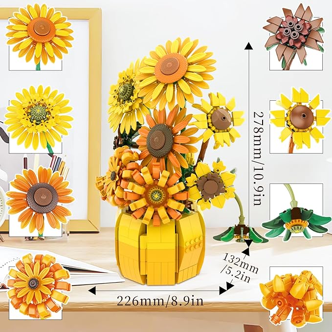 Van Gogh Sunflower Building Blocks Set for Adults Sunflowers Botanicals Compatible with Lego Flowers Art Bonsai Botanical Collection Office Gifts for Her Him Girls 14+ 1009PCS 11002