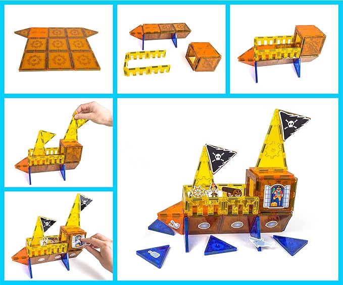 Tytan Tiles Pirate Ship &amp Island 60-Piece Magnetic Tiles Building Set Fun Kids’ STEM Toy Creative Play Shape &amp Pattern Recognition Fine Motor Skills Includes Storage Bag Ages 3 and Up