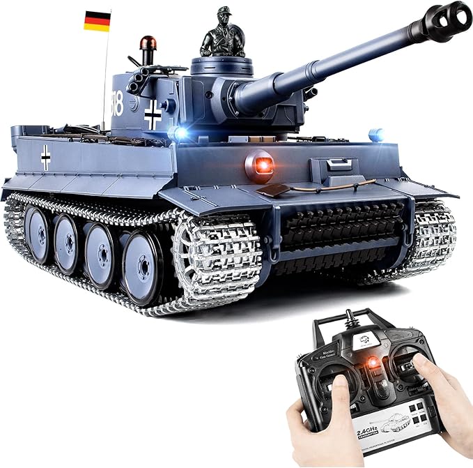 1/16 RC Tank Heng Long Metal Tiger I Army Toy with Smoke Sound and Lights Remote Control Tank That Shoots with Upgraded Metal Tracks Idler and Sprocket Wheel Steel Gearbox Batteries*2