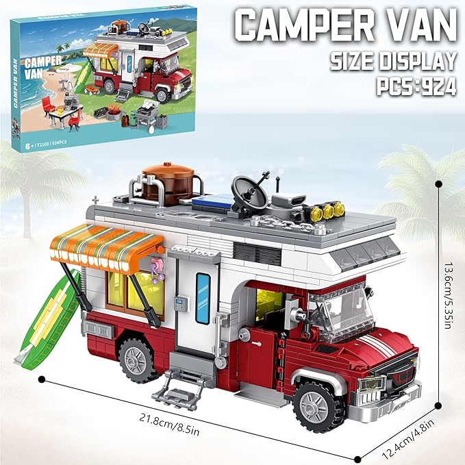 Camping Van Construction Toy 924 Pieces Building Block Set with Picnic Table Grill &amp Fire Scene Gift for Kids Teens &amp Vehicle Fans