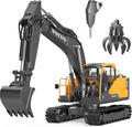 DOUBLE E Volvo 1:16 Scale RC Excavator 3-in-1 Construction Toys with 360° Rotation Metal Shovel Drill &amp Grabber – Professional Grade Remote Control Engineering Vehicle