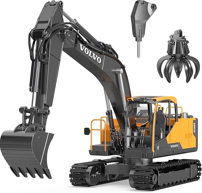 DOUBLE E Volvo 1:16 Scale RC Excavator 3-in-1 Construction Toys with 360° Rotation Metal Shovel Drill &amp Grabber – Professional Grade Remote Control Engineering Vehicle