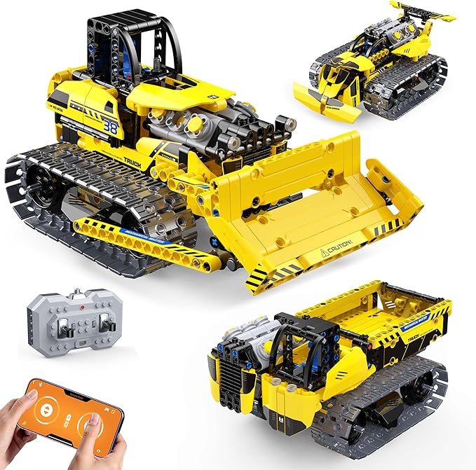 zinat 3 in 1 STEM Remote Control Bulldozer Building Set DIY Engineering Construction Kit with APP &amp Remote Educational Robot Blocks Toy Birthday for Kids Teens Adults - 452 Pcs