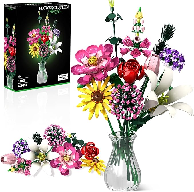 Flower Building Kit 699 PCS Eternal Flower Bouquet with Peony Rose Sunflower Lily &amp More DIY Floral Arrangement Set for Home Decor Gift for Christmas Day Building Blocks for Adults &amp Ki