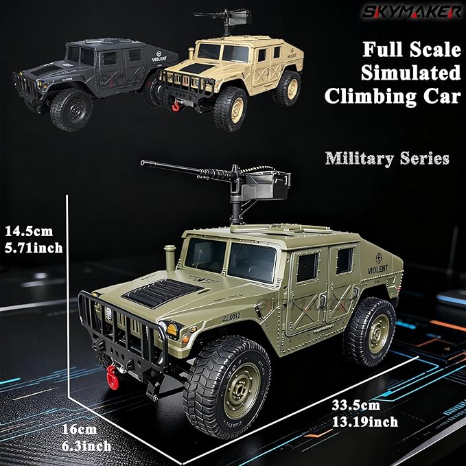 Skymaker H1 RC Crawler 4WD Military Car with Cannon and Winch Accessory RTR Off-Road Remote Control Cars for Adults Linkage Carlights and Steering Wheel (Olive Green)