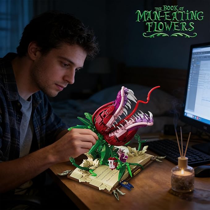 Piranha Plant Building Set for Adults Horror Shop of Cannibal Little Flower Model with Openable Mouth &amp Magic Base Book Gift for Tv Film Fans