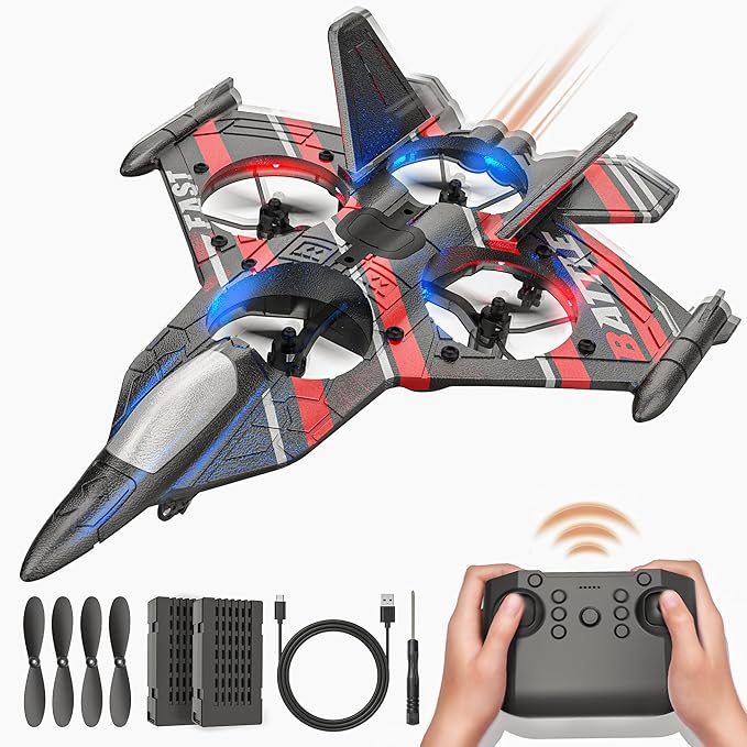 BEZGAR RC Plane | 2.4GHZ Remote Control Airplane RC Helicopter 360° Flip Fighter Jet Toy Toys for ages 8-13 with Colorful LED Navigation Lights Red