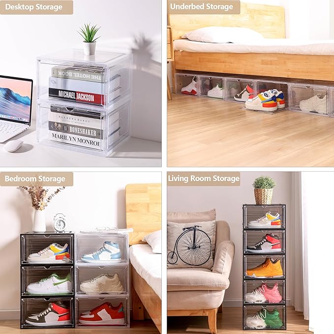 Attelite 8 Pack Shoe Boxes Clear Plastic Stackable Upgrade Large Shoe Storage Organizer Containers with Magnetic Door for Display Sneaker Easy Assembly