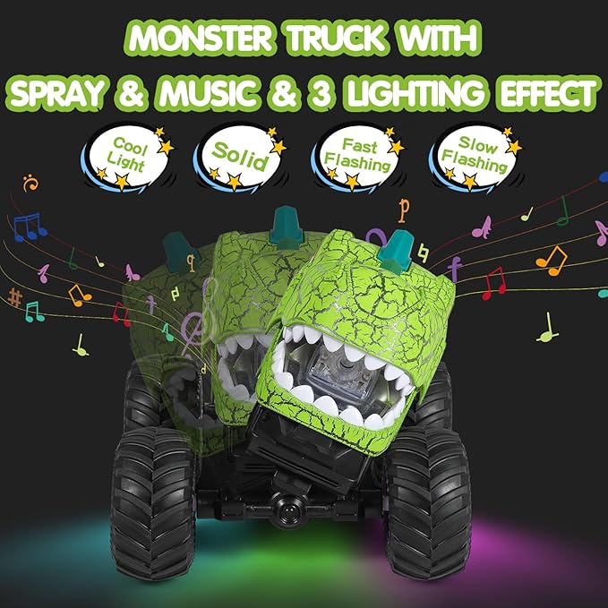 DYODYORC Remote Control Car 2.4Ghz All Terrain Dinosaur Monster Truck Toys RC Truck with Spay Music 3 Lighting Effects Stunt Capable Toy Gifts for Boys and Girls (Green)