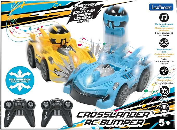 LEXiBOOK Crosslander® RC Bumper Set of 2 Radio-Controlled Racer Bumper Cars up to 12 km/h (7mph) 2 Removable Characters Sound and Light Effects Yellow/Blue RC2