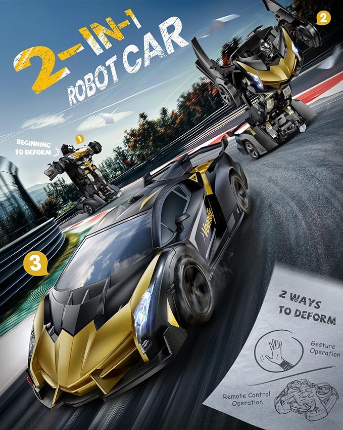 V992 Transform Remote Control Car Transform Robot RC Cars 1:14 Scale 2-in-1 Robot Toy Car with Sound &amp Light Gesture Sensing Automatic Deformation Great Gift Toys for Boys and Girls 4-6 (Gol