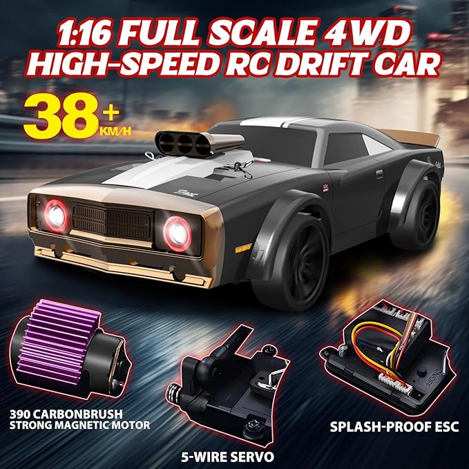1/16 Fast RC Cars for Adults RC Drift Car 38KM/H High-Speed 4WD Full Proportional Control 6 LED Light Modes 2 Rechargeable Batteries RTR Drifting for Adults Gift for Boys Kids and Girls