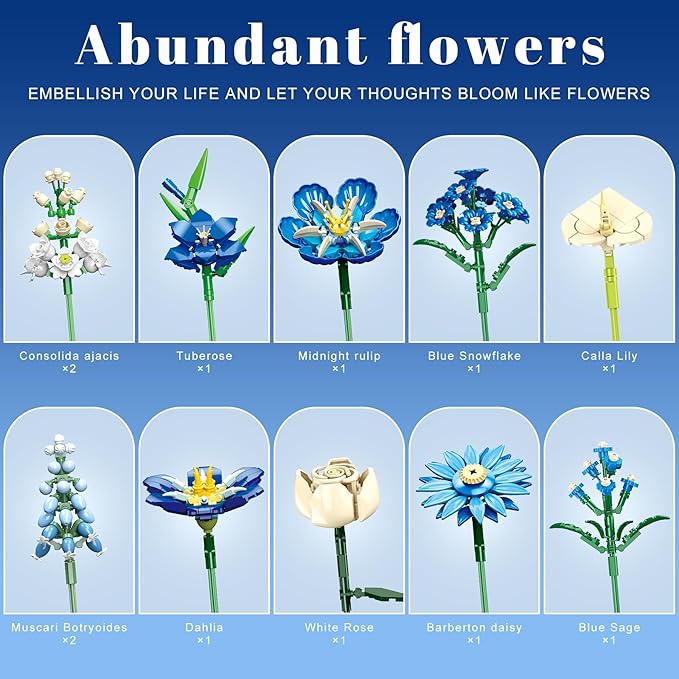 Blue Flower Bouquet Building Set Compatible with Lego Flowers for Adults Artificial Botanical Collection Kit for Valentines Day Mother's Gifts Home Room Desk Shelf Decor