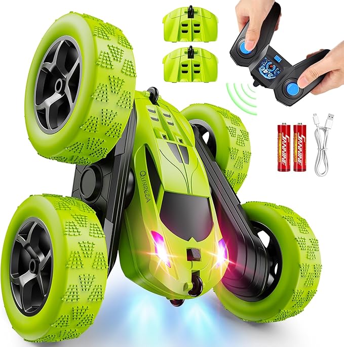 Remote Control Car for Kids Ages 6+ RC Cars Stunt Car Toy 4WD Double Sided 360° Rotating Remote Control with Headlights Birthday Xmas Gifts for Boys 6 7 8 9 10 11 12 Green