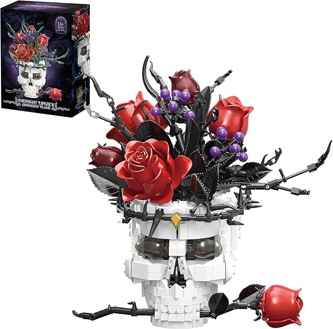 Gothic Skull Roses Flower Building Set for Adults Horror Botanical Skeleton Pot Home Table Decor Cool Unique Collectible Halloween &amp Valentine's Day Gifts with Box (1376 PCS)