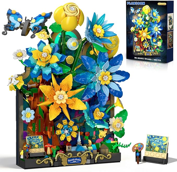 Starry Night Flower Wall Building Set with Lights Botanical Collection Famous Painting Artwork Building Block with Butterfly 1008 PCS Home Wall Decor for Adults Girls 10+