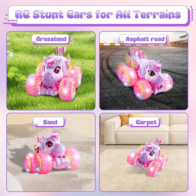 Remote Control Car Unicorn Monster Trucks for Girls 360° Rotating 4WD Stunt RC Cars with LED Lights and Music 2.4GHz Toy Various Terrain Pink RC Cars Birthday Gifts for Kids Girl Age 3-12 (LY-023)
