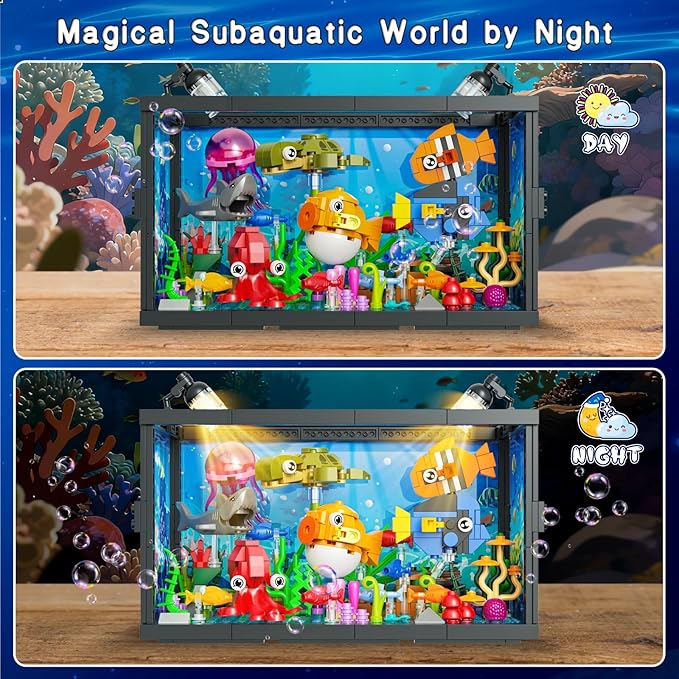 8 in 1 Aquarium Building Sets with Light Compatible with Lego Fish Tank Building Kits Including Sharks Turtles Octopus Sea Animal Party Favor Toys for Boys Girls Kids Aged 8-12 640PCS