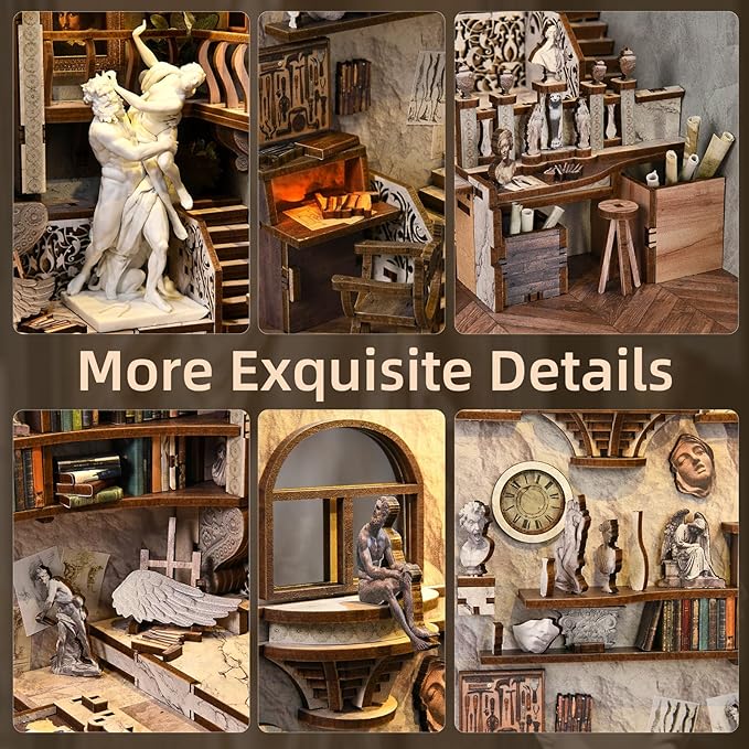 DIY Book Nook Library Kit Miniature Dollhouse Booknook Kit 3D Wooden Puzzle Bookend Bookshelf with LED Light for Teens and Adults (Bernini's Sculpture Workshop)
