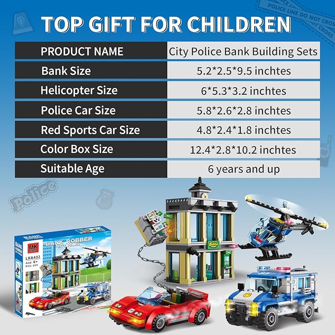 City Police Bank Building Sets Compatible with Lego Police Bank Includes Car Bank Helicopter Police Chase Building Blocks Toy Set Gift for Kids 6 Plus Years Old（655 PCS）