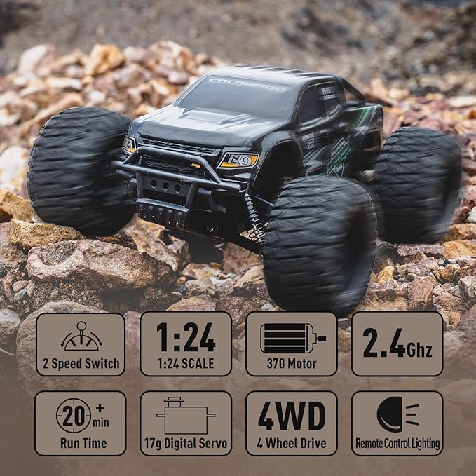 FMS FMT24 1/24 Chevrolet Colorado Brushed RC Truck RTR Basher RC Cars 4X4 Off-Road Hobby Grade Waterproof 2-Speed Switch RC Crawler with 370 Motor for Adults (Black)