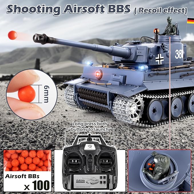 1/16 RC Tank Heng Long Metal Tiger I Army Toy with Smoke Sound and Lights Remote Control Tank That Shoots with Upgraded Metal Tracks Idler and Sprocket Wheel Steel Gearbox Batteries*2