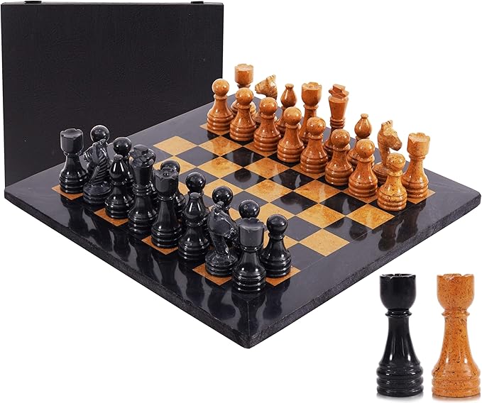 Marble Chess Set for Adults 15 Handmade Black &amp Golden Board Game with 32 Chess Pieces 2 Extra Queens &amp Storage Box Luxury Travel Game – Elegant Home Décor