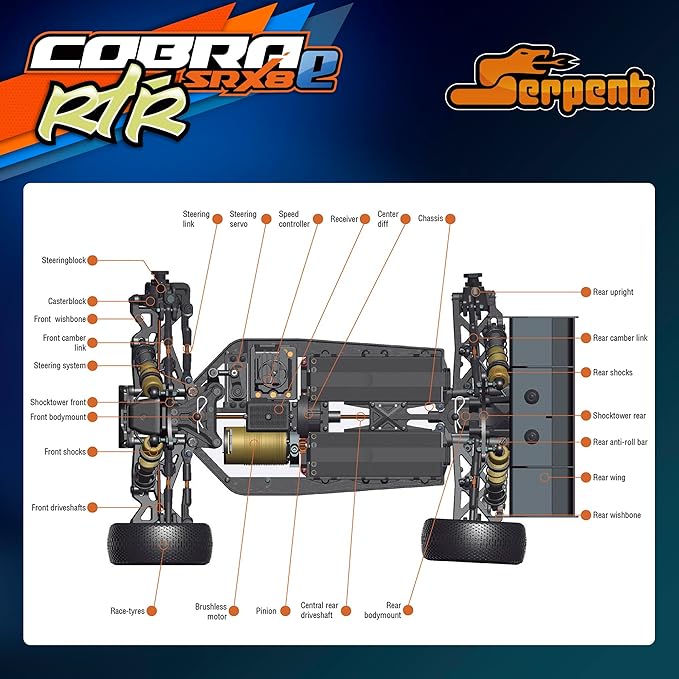 Serpent 1/8 4wd Electric Buggy RTR 4WD Off-Road Buggy High Performance Waterproof Components Competition Grade Hobby Racing Charger and Battery Excluded SRX8-E