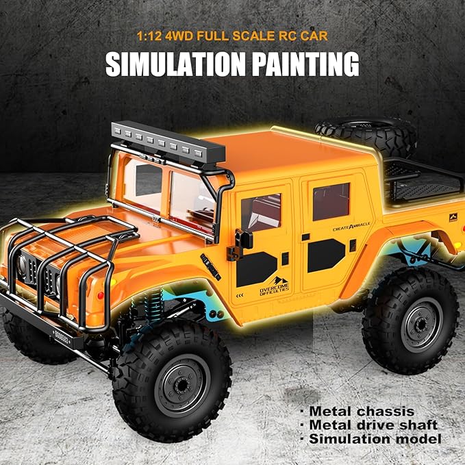 1:12 RC Car Toy 4WD 2.4GHz Remote Control Off-Road Crawler Vehicle IPX4 Waterproof 13MPH Full Metal Chassis with LED Lights Rechargeable Batteries for Adults Kids 8+ (Black)