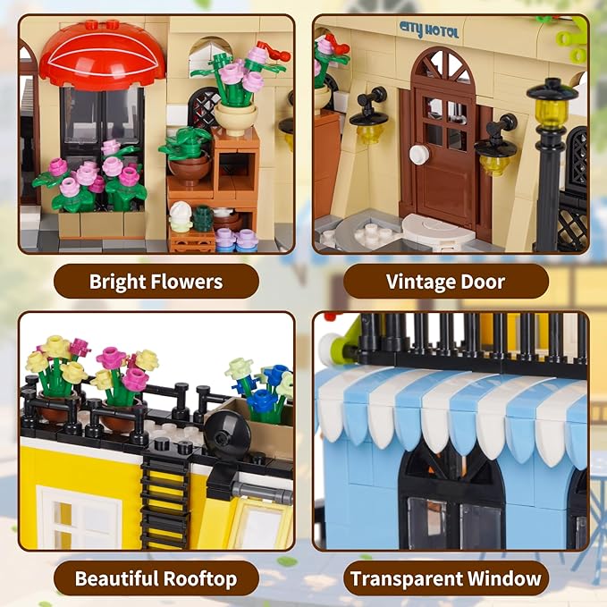 City Hotel Building Block Set Modular Architecture Flowers City Street View House Model Building Kit 1464 PCS